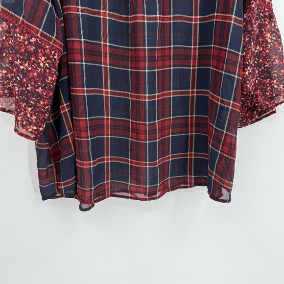 Catherines Top Women 3X Petite Red Plaid 3/4 Sleeve V-Neck Tasseled Bell Sleeves - Picture 9 of 12